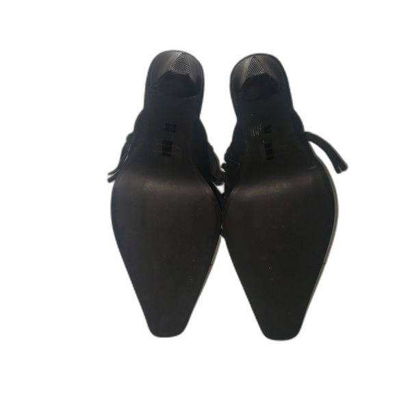 VINTAGE Vis a Vie Black Suede Fringe Mules Heels Bootie Square Toe Shoes Size 7 - Picture 6 of 11